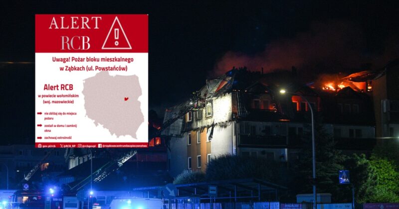 Ogromny pożar w Ząbkach. Alert RCB dla mieszkańców. „Zostań w domu”